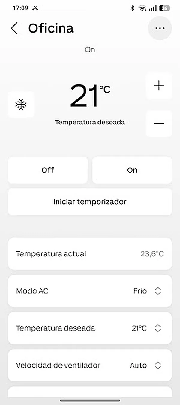Pantalla de la app con control de clima de la oficina
